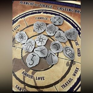 Handmade Pewter Witches Divination Runes + Casting Board in English and Français